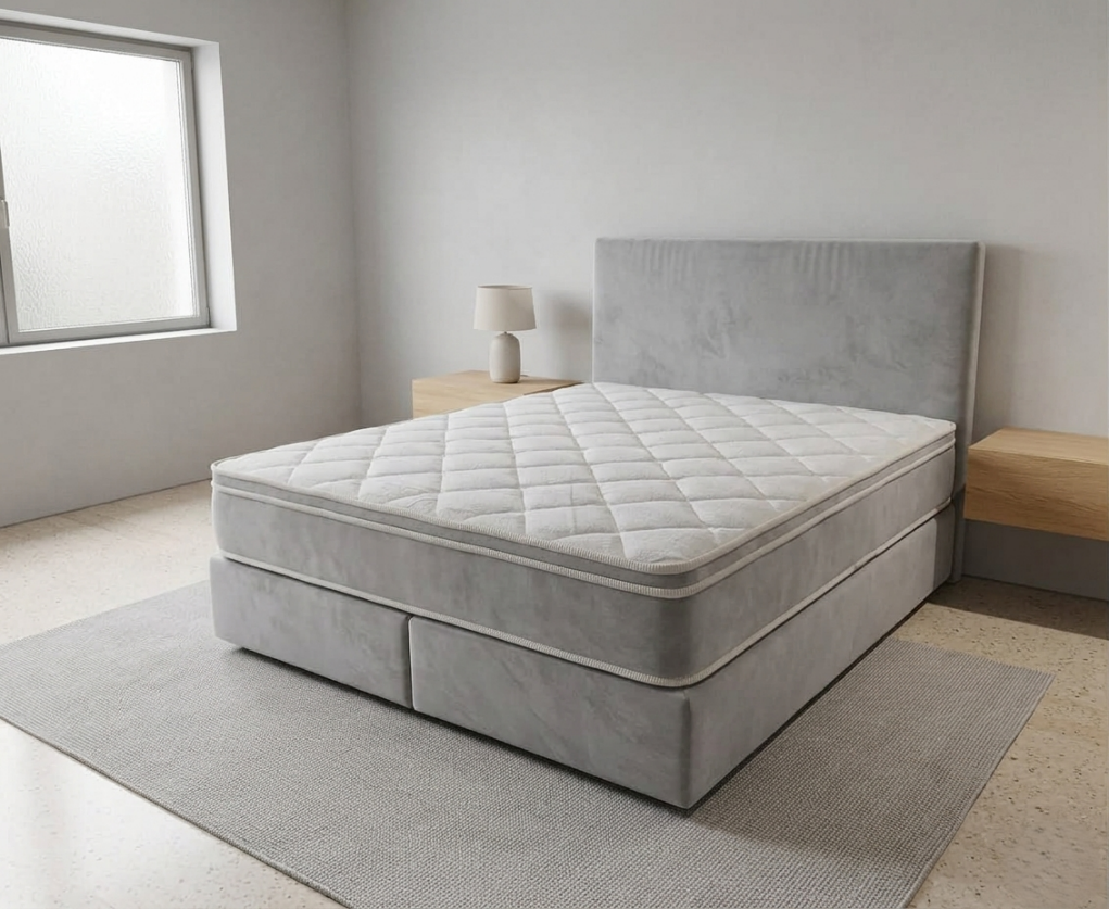 Molarte LIZ — subtle velvet upholstered bed in a soft minimal interior
